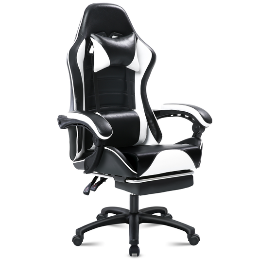 Game Chair, Adult Electronic Gaming Chair, Ergonomically Designed, PU Leather, Lounge Chair with Footstool and Waist Support, Office Chair, White