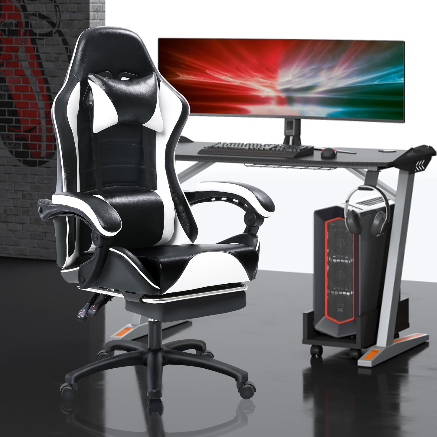 Game Chair, Adult Electronic Gaming Chair, Ergonomically Designed, PU Leather, Lounge Chair with Footstool and Waist Support, Office Chair, White