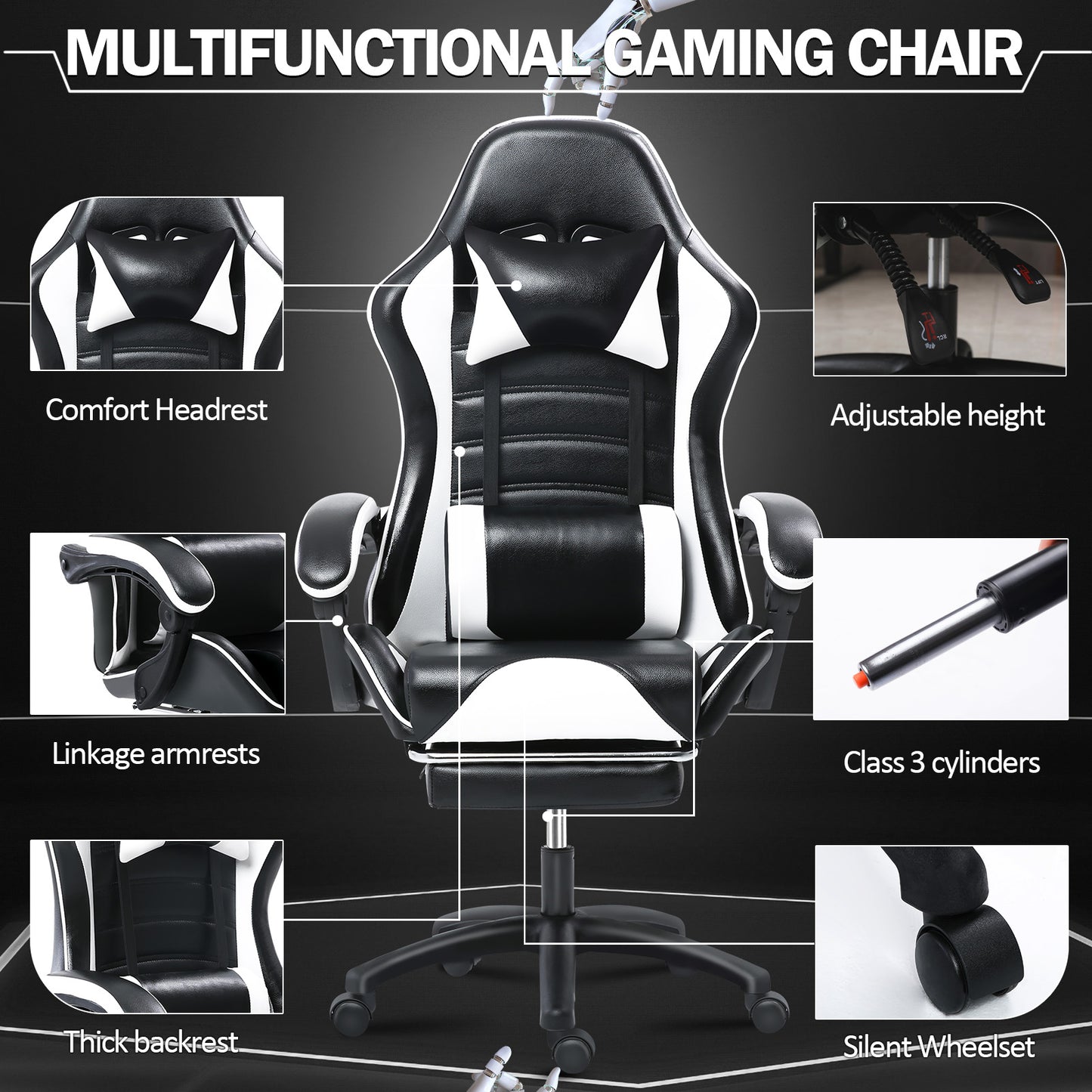 Game Chair, Adult Electronic Gaming Chair, Ergonomically Designed, PU Leather, Lounge Chair with Footstool and Waist Support, Office Chair, White