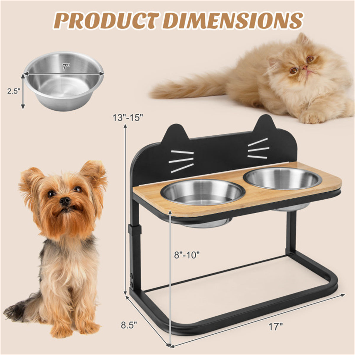 Pet Feeder with 2 Stainless Steel Bowls,Adjustable Height for Cats and Small and Medium Dogs
