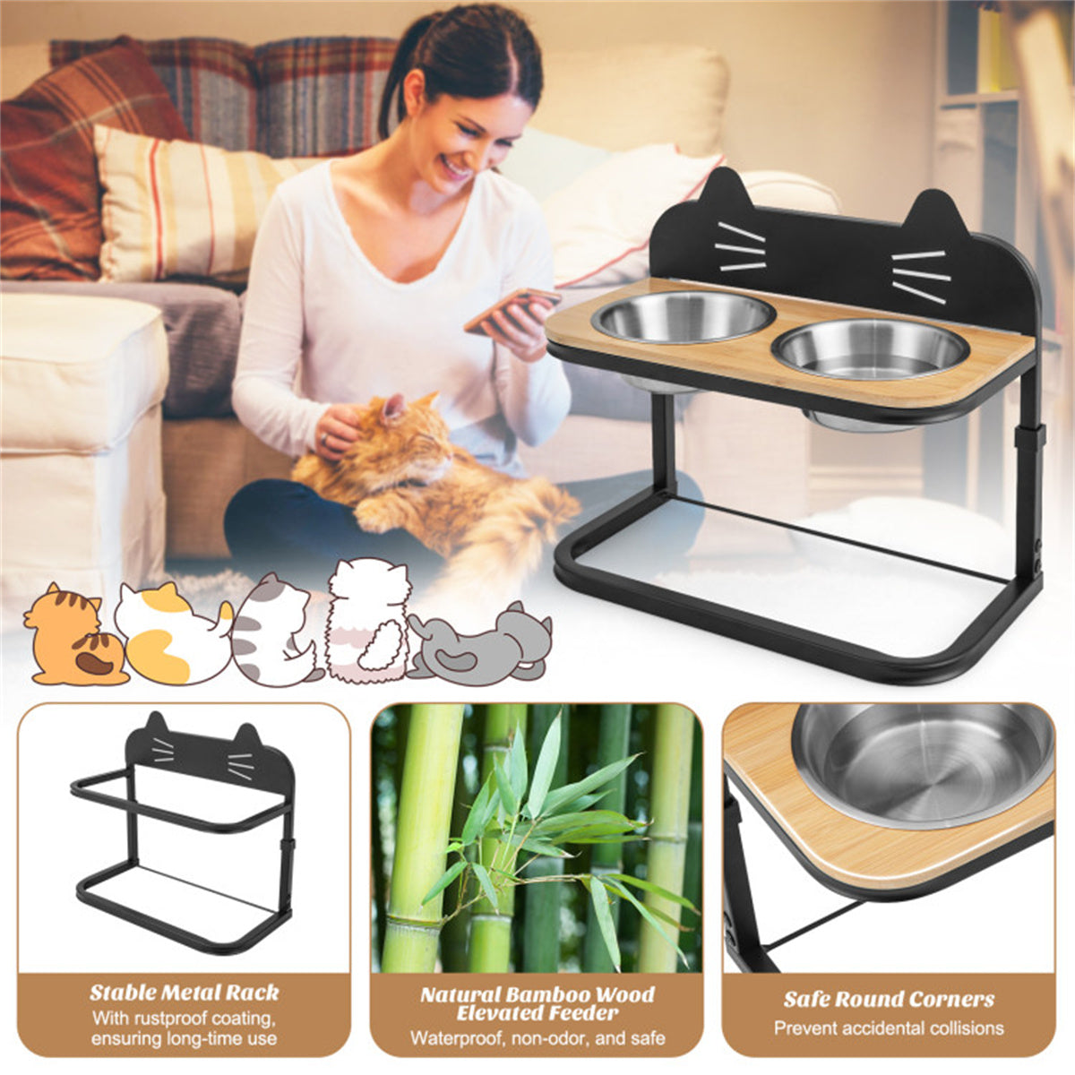 Pet Feeder with 2 Stainless Steel Bowls,Adjustable Height for Cats and Small and Medium Dogs