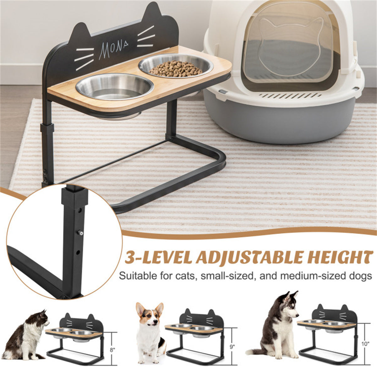 Pet Feeder with 2 Stainless Steel Bowls,Adjustable Height for Cats and Small and Medium Dogs