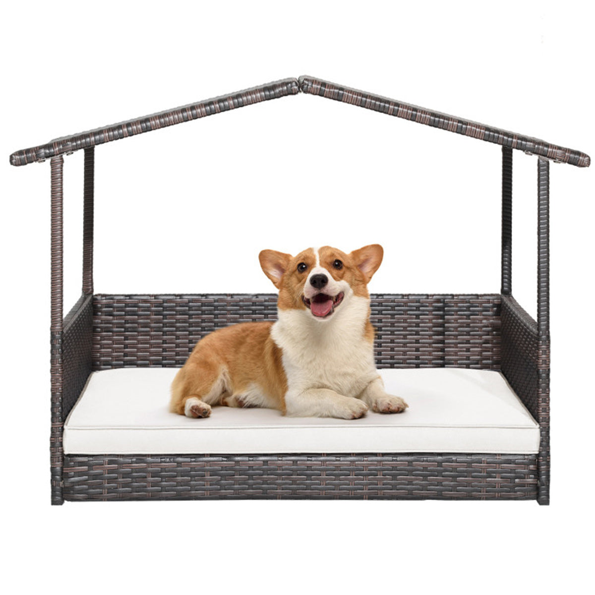 Dog House Outdoor with Canopy, Rattan Dog Bed with Water-resistant Cushion,