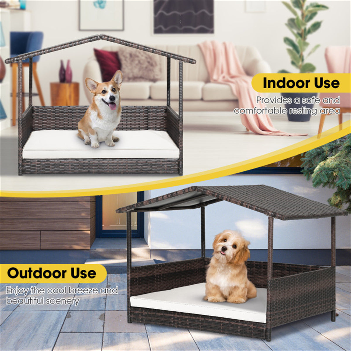 Dog House Outdoor with Canopy, Rattan Dog Bed with Water-resistant Cushion,