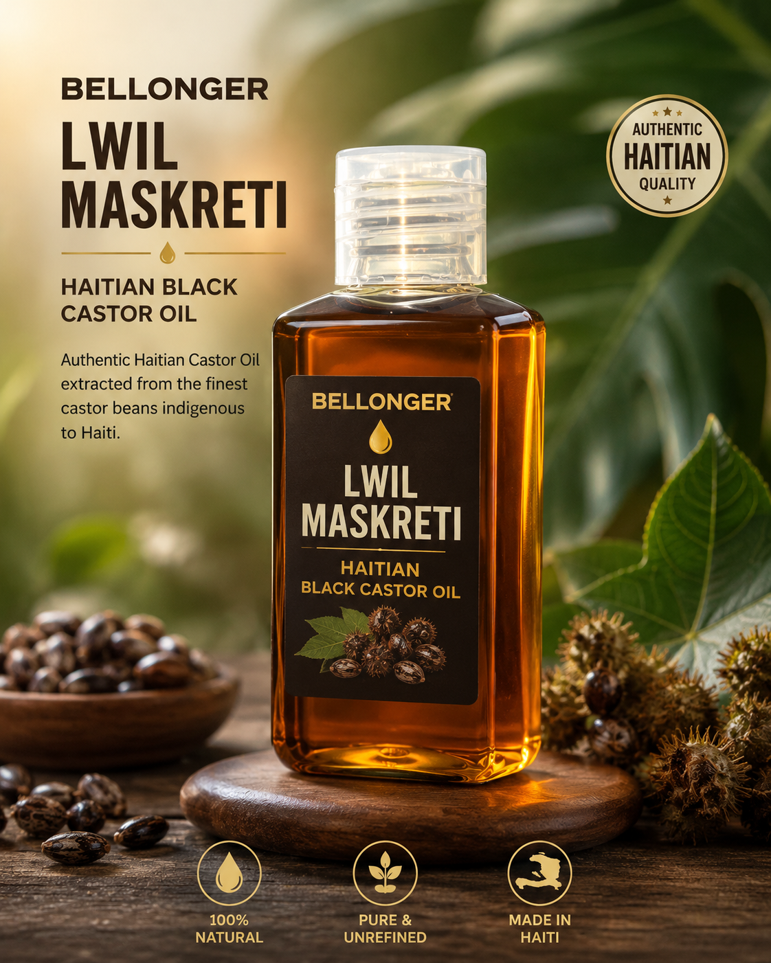 Lwil Maskreti 100% Natural Haitian Castor Oil for Hair, Skin and Body, 2oz